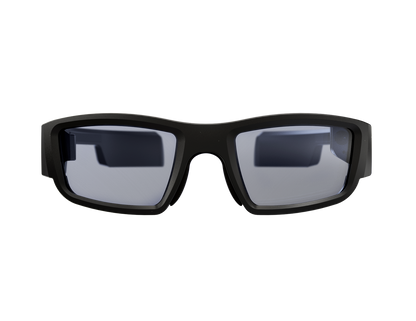 Side view of Vuzix Blade smart glasses with black frames and slightly tinted, safety-certified lenses.