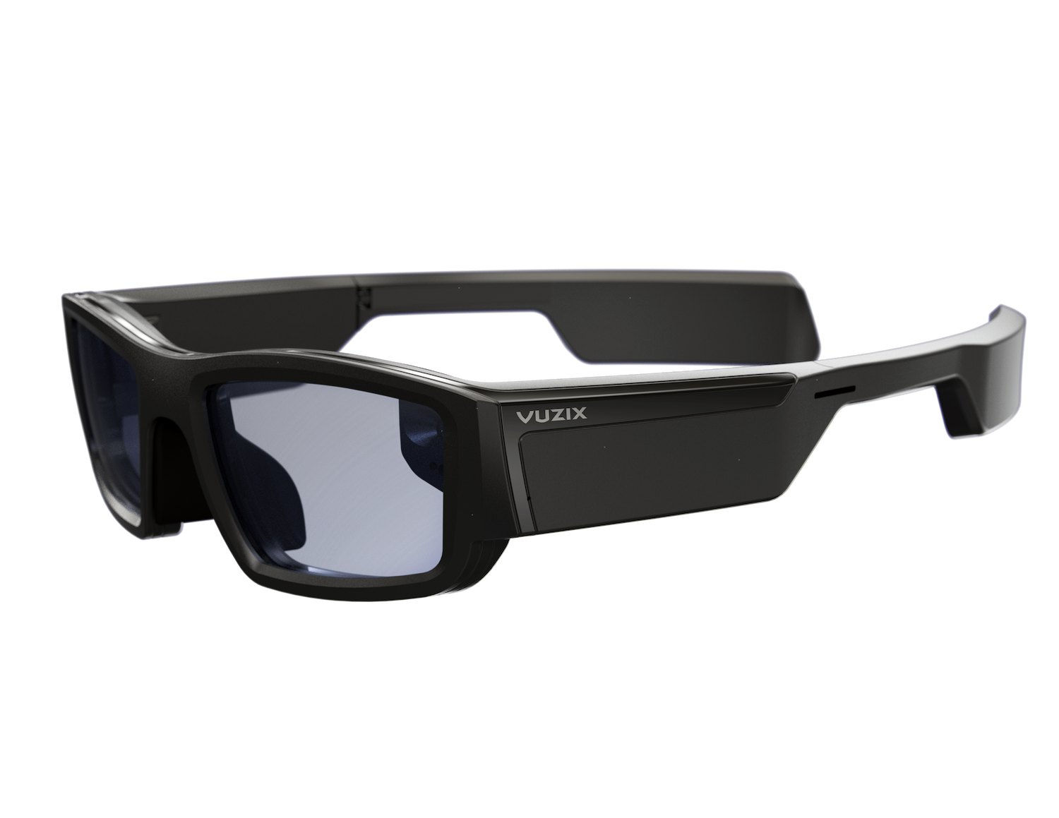 Slightly angled side view of Vuzix Blade smart glasses, displaying the Vuzix touchpad with display engine.