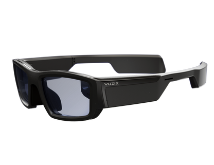 Slightly angled side view of Vuzix Blade smart glasses, displaying the Vuzix touchpad with display engine.