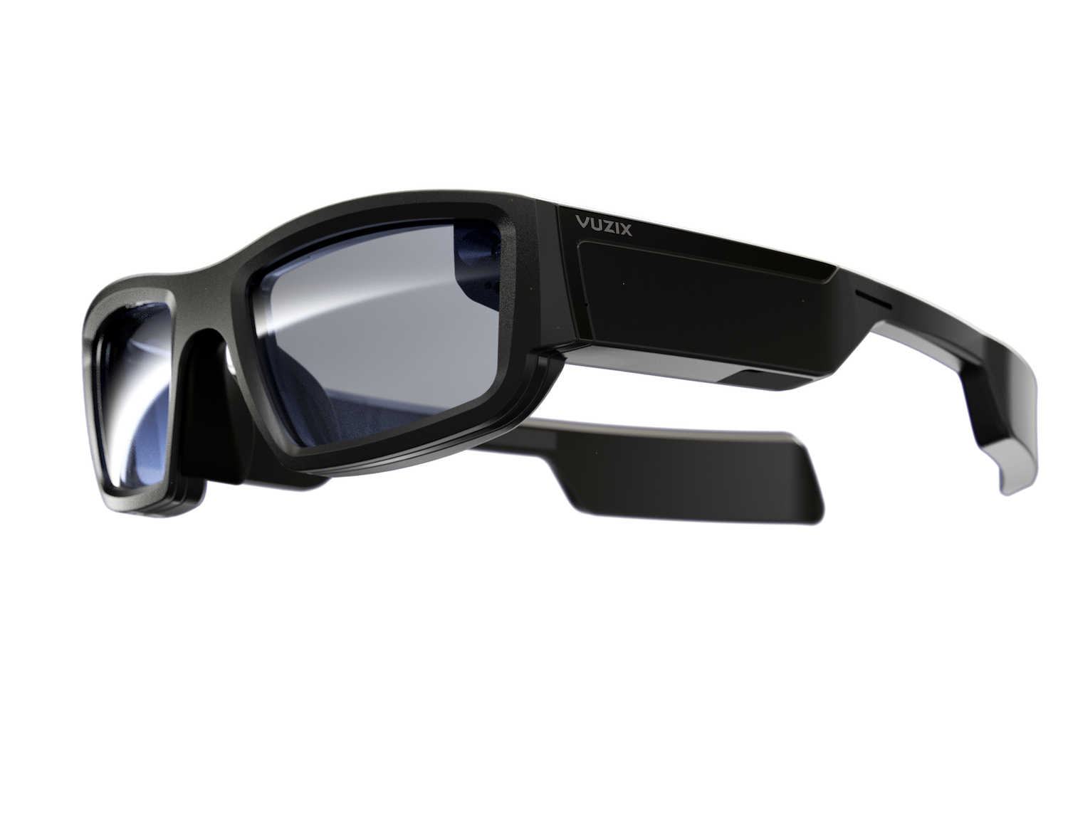 Angled side view of Vuzix Blade Upgraded smart glasses displaying microSD storage slot.