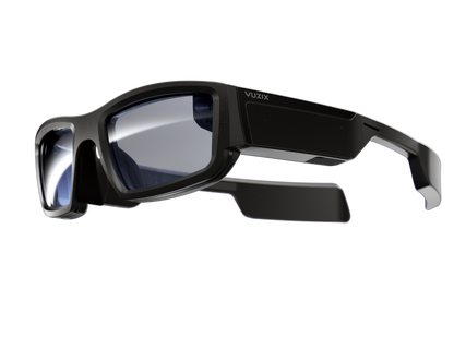 Angled side view of Vuzix Blade Upgraded smart glasses displaying microSD storage slot.